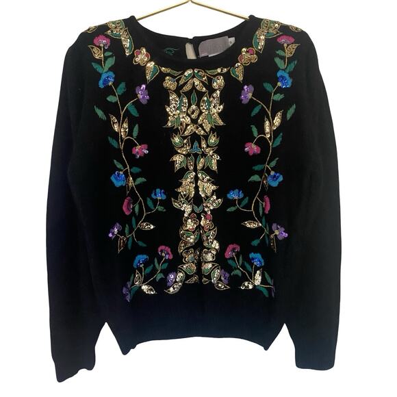 Lauren Cole Petites Vintage 80s Silk Angora Floral Sequin Sweater Small - Picture 1 of 9